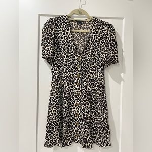 Something Navy Leopard Print V Neck Puffed Shoulders Dress, Size Small